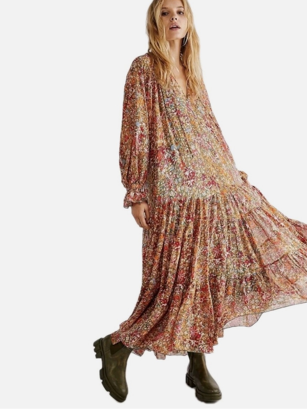 Free People Feeling Groovy Orange Floral Maxi Dress Small Oversized - Picture 3 of 4